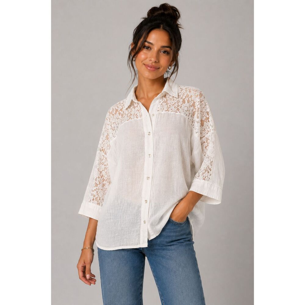 SAKS FIFTH AVENUE White Lace & Linen Button Up Blouse Top Sz MEDIUM